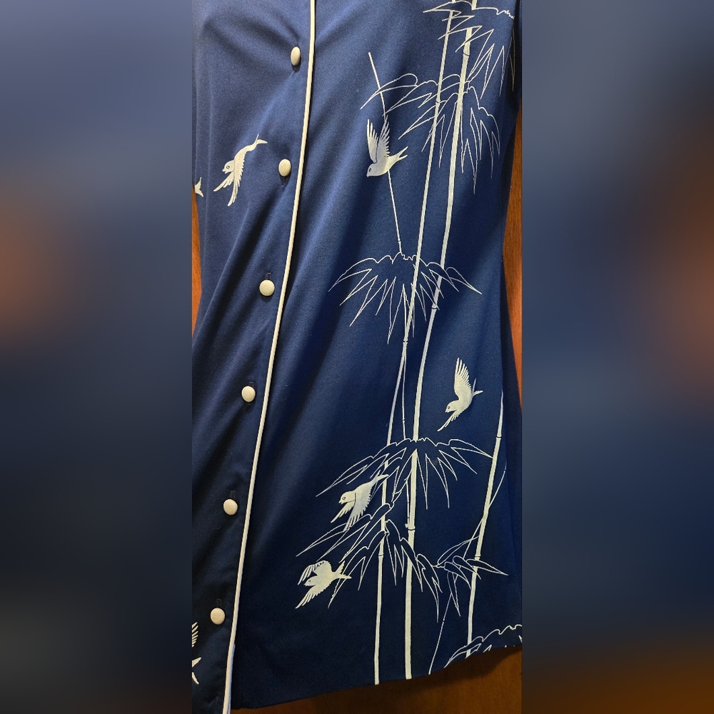 Shaheen Vintage mandarin Blue Dress w/ Bird &Bamboo szS - Picture 4 of 9